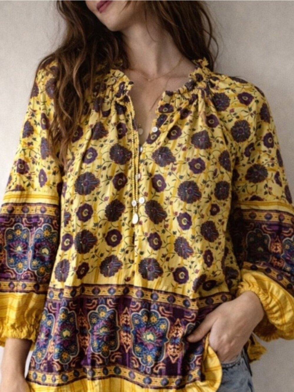 🌟SUNDANCE🌟BOHO PRINTED BORDER PRINT PEASANT BLOUSE YELLOW SZ XXS P